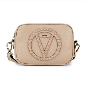 VALENTINO Mia Rock Studded Leather Camera Bag In Beige Rose Gold